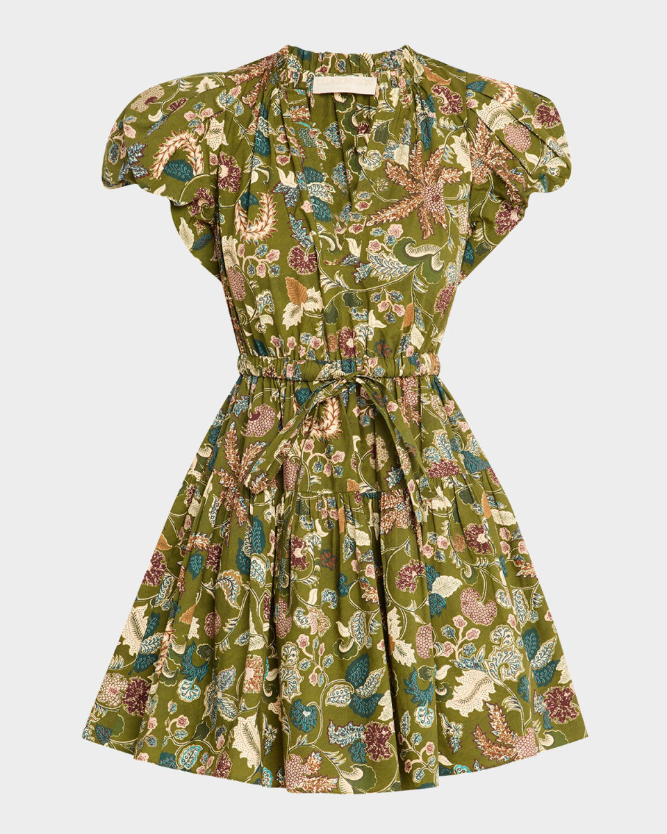 Izel Paisley-Print Cotton Puff-Sleeve Tie-Waist Mini Dress